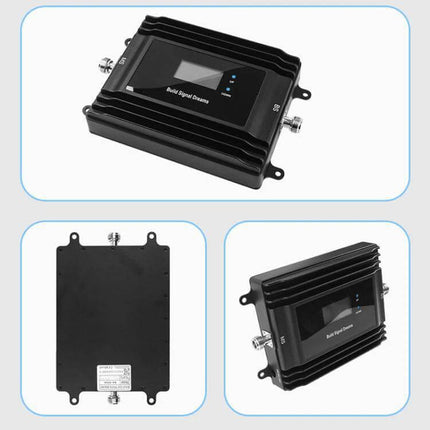 Tri-Band Mobile Signal Booster for Enhanced Home Coverage - black tri-band indoor amplifier showing front display and connectors for 900/1800/2100MHz