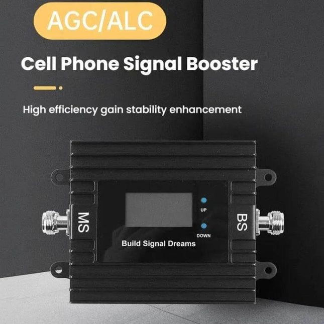 4G LTE Cell Phone Signal Booster with Remote App Control mounted indoor unit showing LCD, MS/BS connectors and app-managed gain for homes and offices