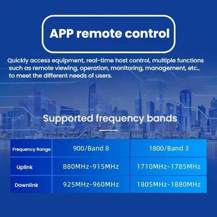 4G LTE Cell Phone Signal Booster with Remote App Control showing app remote control and supported 900MHz and 1800MHz frequency bands