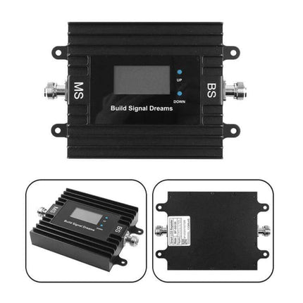 4G LTE Cell Phone Signal Booster with Remote App Control black desktop amplifier for home office basement, LCD display, MS BS connectors, compact design