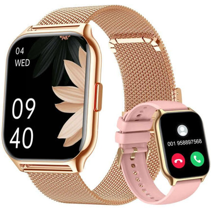 A Daily Companion Smart Watch for Health and Fitness Tracking rose gold smartwatch showing time, call screen and fitness display