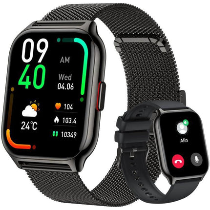 A Daily Companion Smart Watch for Health and Fitness Tracking black mesh band showing heart rate, weather, step count and call screen