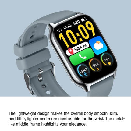 A Daily Companion Smart Watch for Health and Fitness Tracking slim gray smartwatch showing time, activity rings, heart rate and hydration reminders