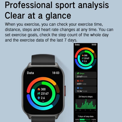 A Daily Companion Smart Watch for Health and Fitness Tracking showing colorful activity rings, step count, heart rate and 7-day exercise data on screen
