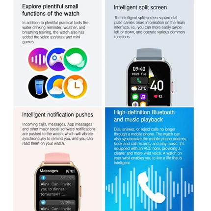 A Daily Companion Smart Watch for Health and Fitness Tracking showing heart rate, notifications, hydration reminders and split-screen display