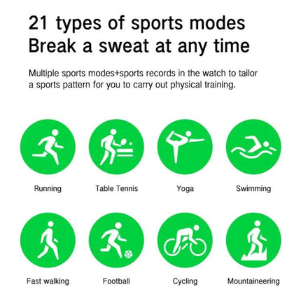 A Daily Companion Smart Watch for Health and Fitness Tracking showing 21 sports modes icons for running, swimming, cycling, yoga and more