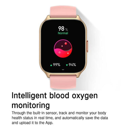 A Daily Companion Smart Watch for Health and Fitness Tracking showing blood oxygen monitoring screen with pink band