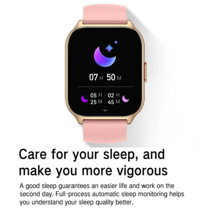 A Daily Companion Smart Watch for Health and Fitness Tracking showing sleep monitoring screen with pink band and gold case