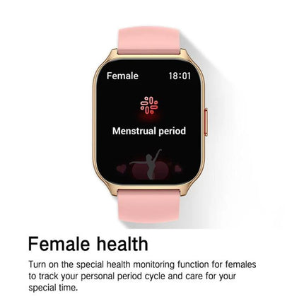 A Daily Companion Smart Watch for Health and Fitness Tracking - pink smartwatch showing menstrual period tracking screen for female health