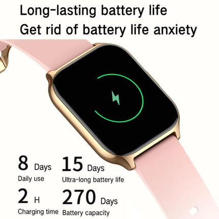 A Daily Companion Smart Watch for Health and Fitness Tracking showing long-lasting battery life, pink strap, gold case, and charging icon