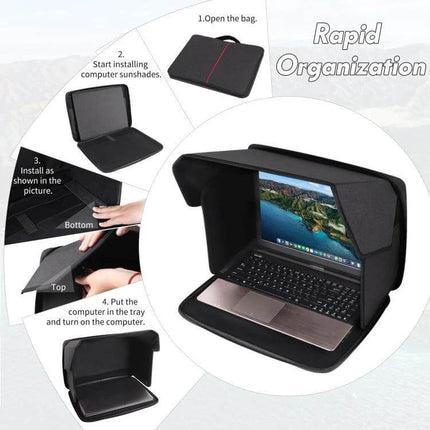 Portable Foldable Sunshade for 16-Inch Laptops with Privacy showing foldable installation steps and outdoor glare reduction