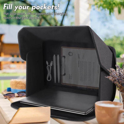 Portable Foldable Sunshade for 16-Inch Laptops with Privacy showing foldable privacy hood, internal pocket for pens and cables, laptop inside