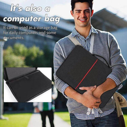 Portable Foldable Sunshade for 16-Inch Laptops with Privacy held like a compact computer bag, foldable glare shield for outdoor cafe or office use