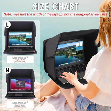 Portable Foldable Sunshade for 16-Inch Laptops with Privacy shown protecting a laptop screen outdoors and in bright settings