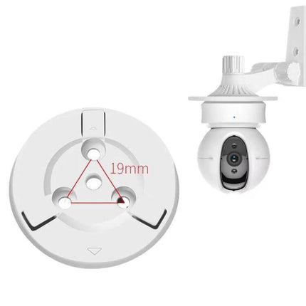 EZVIZ 54mm Round Base Mount Bracket for Security Cameras, White 5-Pack — white round mount showing 19mm hole triangle and installed security camera
