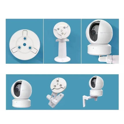 EZVIZ 54mm Round Base Mount Bracket for Security Cameras, White 5-Pack shown mounted on indoor and outdoor camera setups