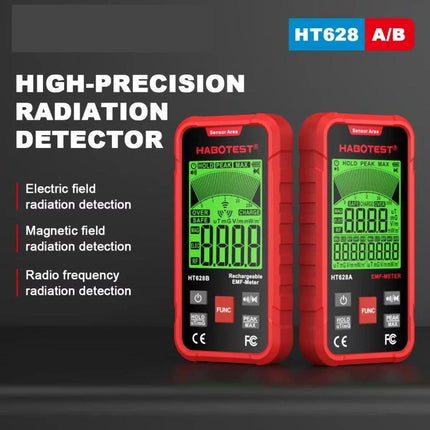 HABOTEST Rechargeable EMF Meter for Radiation Detection showing dual red HT628 handheld devices with green backlit displays