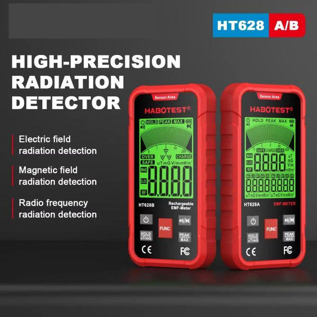 HABOTEST Rechargeable EMF Meter for Radiation Detection showing dual red HT628 handheld devices with green backlit displays