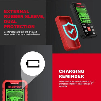HABOTEST Rechargeable EMF Meter for Radiation Detection showing device with red rubber sleeve and charging reminder