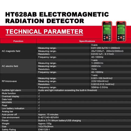 HABOTEST Rechargeable EMF Meter for Radiation Detection showing HT628AB technical specifications and features