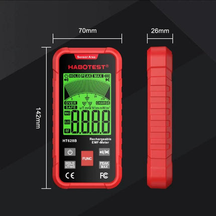 HABOTEST Rechargeable EMF Meter for Radiation Detection showing red handheld device with green LCD, dimensions 142x70x26mm, buttons and sensor area