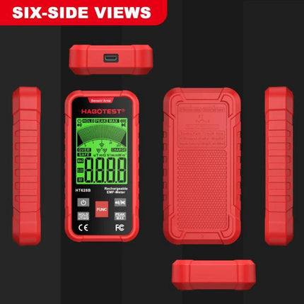HABOTEST Rechargeable EMF Meter for Radiation Detection showing six-side views with display and red protective case