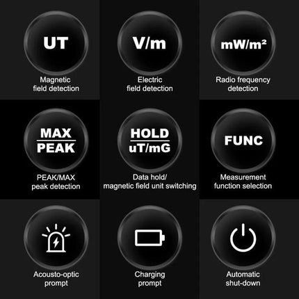 HABOTEST Rechargeable EMF Meter for Radiation Detection showing icons for UT V/m mW/m² peak hold func charging and auto shut-down