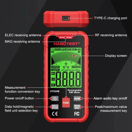 HABOTEST Rechargeable EMF Meter for Radiation Detection - front view with labeled display, buttons, antennas and Type-C charging port