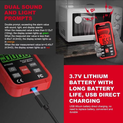 HABOTEST Rechargeable EMF Meter for Radiation Detection handheld device near microwave showing USB charging and digital readout