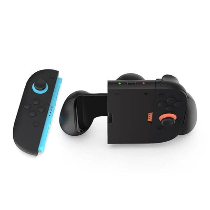 DOBE Grip for Charging Nintendo Switch Controllers During Play - black charging grip shown with detached Joy-Con controllers attached