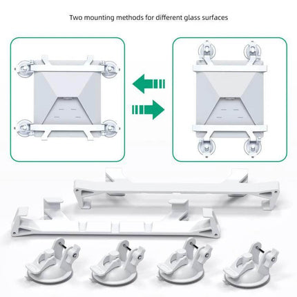 Starlink Mini Car Suction Cup Bracket For Sunroof Window Mount showing two mounting methods with four suction cups and adjustable frame for glass surfaces