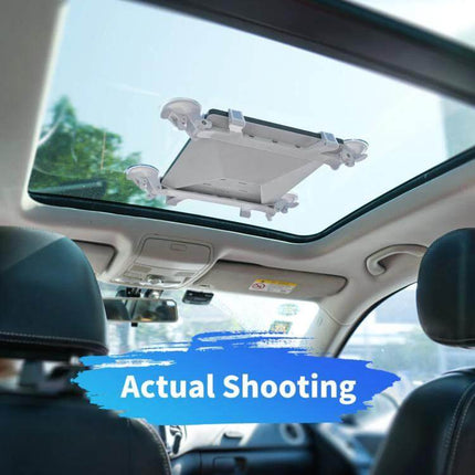 Starlink Mini Car Suction Cup Bracket For Sunroof Window Mount attached to car sunroof glass showing secure suction installation for mobile satellite connection