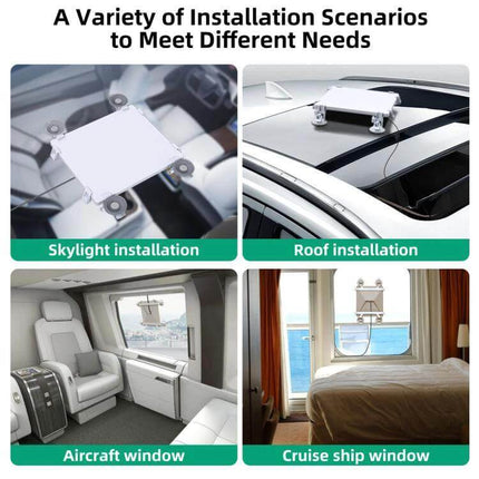 Starlink Mini Car Suction Cup Bracket For Sunroof Window Mount showing skylight, roof, aircraft and cruise ship window installations