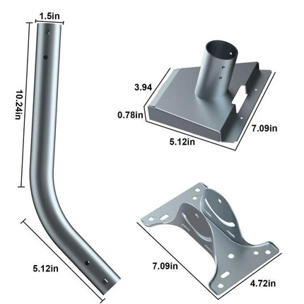 Starlink Dish Mounting Bracket with Curved and Straight Poles showing curved pole, straight pole base and roof/wall mounting plates with dimensions