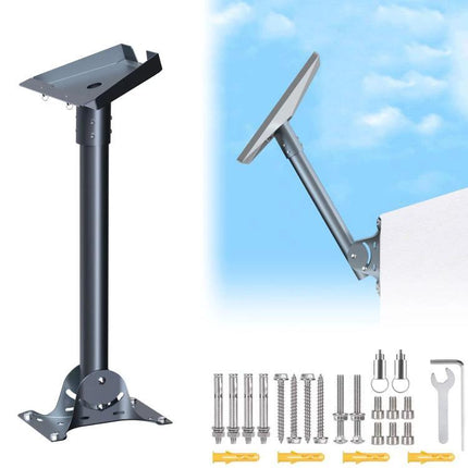 Starlink Dish Mounting Bracket with Curved and Straight Poles installed on wall showing adjustable angle and included hardware for secure outdoor mounting
