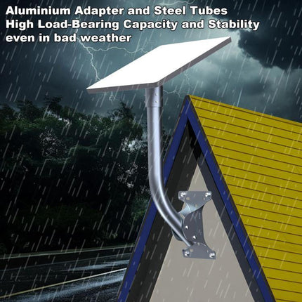 Starlink Dish Mounting Bracket with Curved and Straight Poles installed on roof showing aluminum adapter and steel tubes in heavy rain