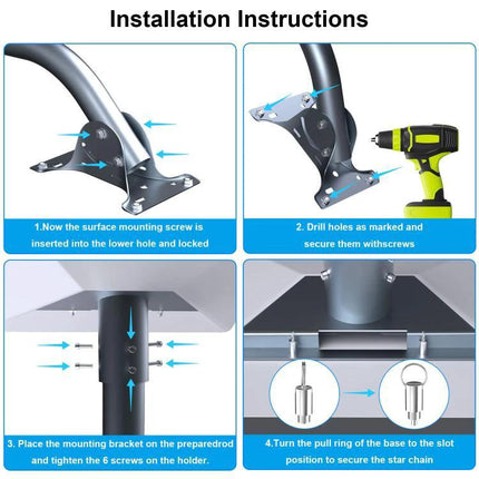Starlink Dish Mounting Bracket with Curved and Straight Poles installation steps showing mounting bracket, drilling holes, tightening screws and securing base