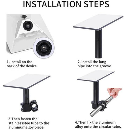 Roof Rack Set for Starlink Mini in Aluminium Alloy - installation steps showing aluminum alloy pipe, clamp and mounting on roof or luggage rack