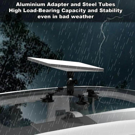 Roof Mount for Starlink Mini with Adjustable Suction Base installed on vehicle roof in heavy rain, aluminum adapter and steel tubes for stability