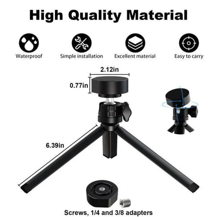 Starlink Mini Tripod with Gimbal Adapter for Stable Device Mounting showing compact tripod, dimensions, gimbal head and screw adapters