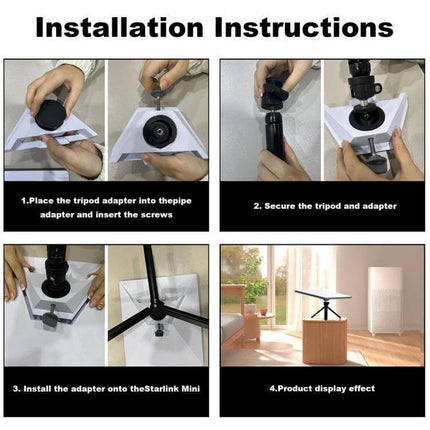 Starlink Mini Tripod with Gimbal Adapter for Stable Device Mounting - installation steps showing tripod adapter, securing screws, and final product setup