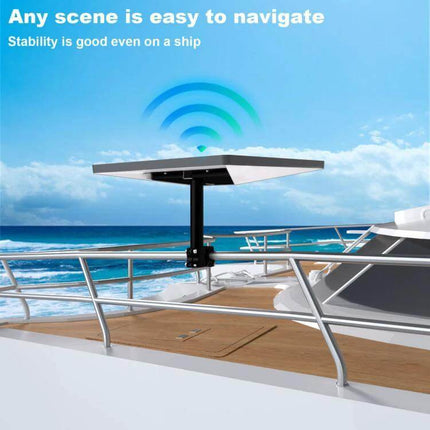 Starlink Gen 3 Roof Rack Bracket for Outdoor Signal Mounting securely installed on a boat railing showing stable signal at sea