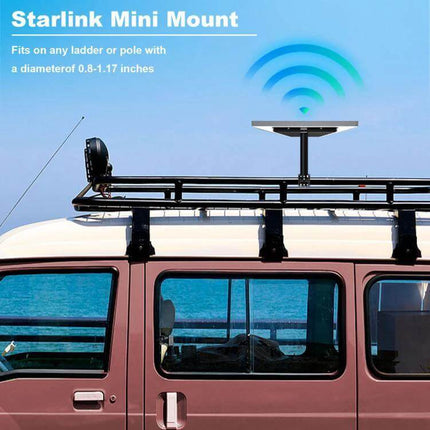 Starlink Gen 3 Roof Rack Bracket for Outdoor Signal Mounting securely mounted on van roof rack, aluminum alloy bracket holding dish for stable outdoor signal
