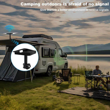 Starlink Gen 3 Roof Rack Bracket for Outdoor Signal Mounting shown mounted on RV roof near lakeside campsite, aluminum alloy bracket securing dish