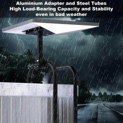 Starlink Gen 3 Roof Rack Bracket for Outdoor Signal Mounting shown installed on rack in heavy rain with aluminum adapter and steel tubes for stability