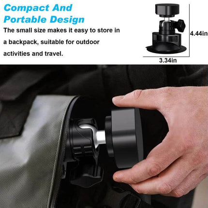 Starlink Mini Roof Suction Cup Mount with Adjustable Design shown compact in a backpack, hand holding mount and dimensions visible