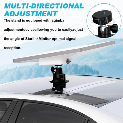 Starlink Mini Roof Suction Cup Mount with Adjustable Design installed on car roof showing multi-directional adjustment and gimbal for optimal signal reception
