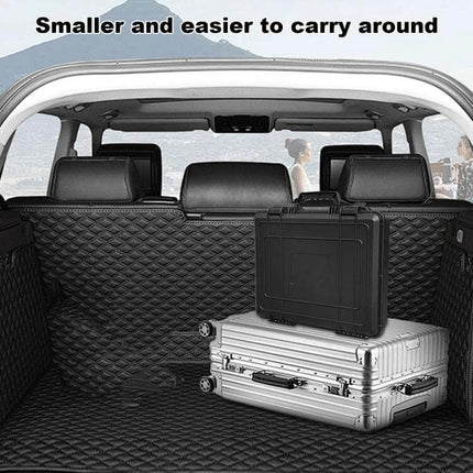 Portable Storage Box for Starlink Mini Handheld Accessories shown in car trunk next to luggage, durable protective case with handle
