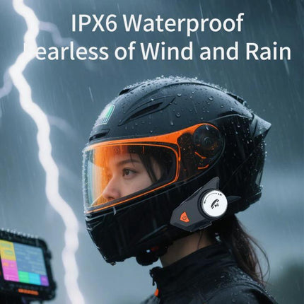 Motorcycle Helmet Bluetooth Headset With Waterproof Mounting shown on rider in rain with helmet speaker and mount