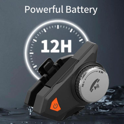 Motorcycle Helmet Bluetooth Headset With Waterproof Mounting shown with 12H battery life and waterproof rugged helmet clip